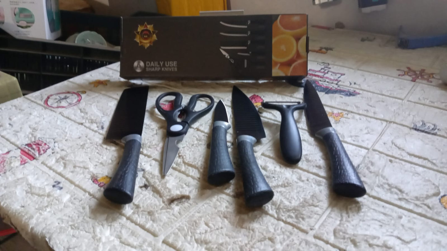 6 Pcs Professional Kitchen Knife Set with Non-Slip Handle, Peeler & Scissor