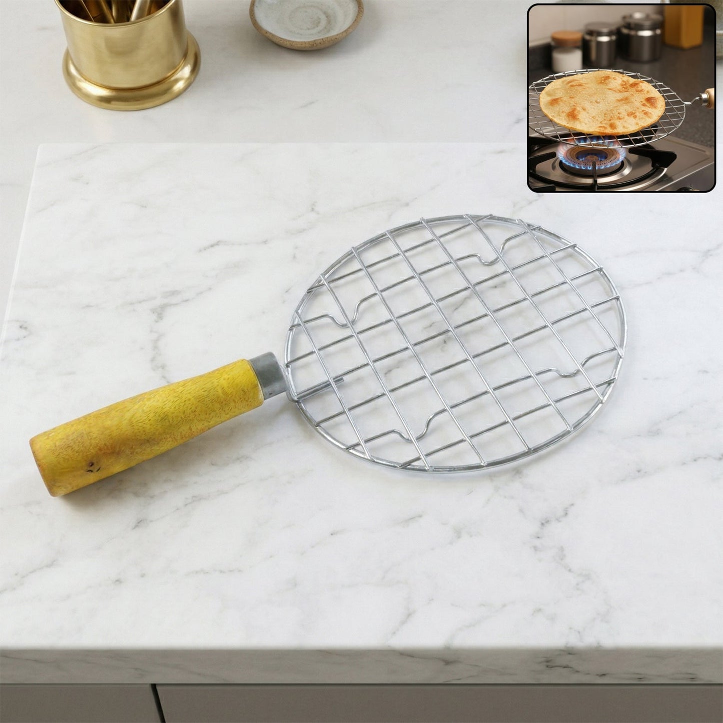 Kitchen Round Stainless Steel Roaster Papad Jali, Barbecue Grill with Wooden Handle